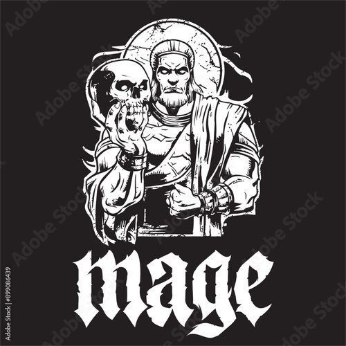 Stylish monochrome logo of a mage with a skull in his hand, illustration