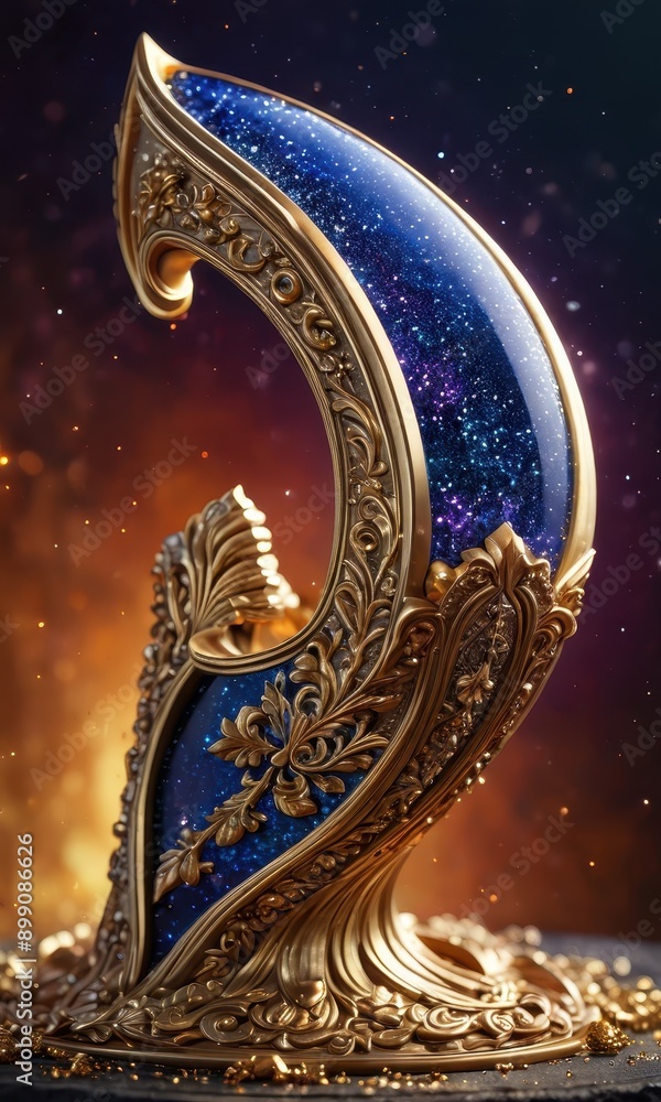 Fototapeta premium Ornate Golden Frame With Blue Glitter Starry Sky Interior.