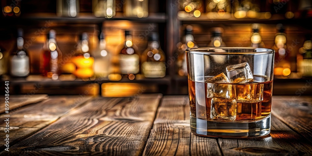 Whiskey served with ice cubes on a rustic wooden table in a bar setting, whiskey, ice cubes, wooden table, bar, drink Whiskey served with ice cubes on a rustic wooden table in a bar setting, whiskey, ice cubes, wooden table, bar, drink