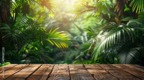 Tabletop with lush green rainforest amazon jungle leaves and plants behind © GenerativeAIpicture