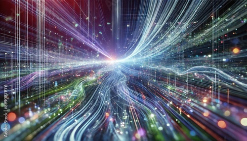 Abstract City Lights with Flowing Lines - Futuristic Digital Technology Background.