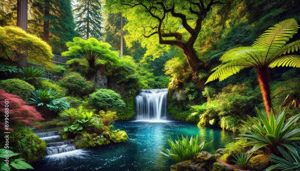 Serene Waterfall Cascading in a Lush Tropical Garden with Vibrant Greenery. Serene Waterfall Cascading in a Lush Tropical Garden with Vibrant Greenery.