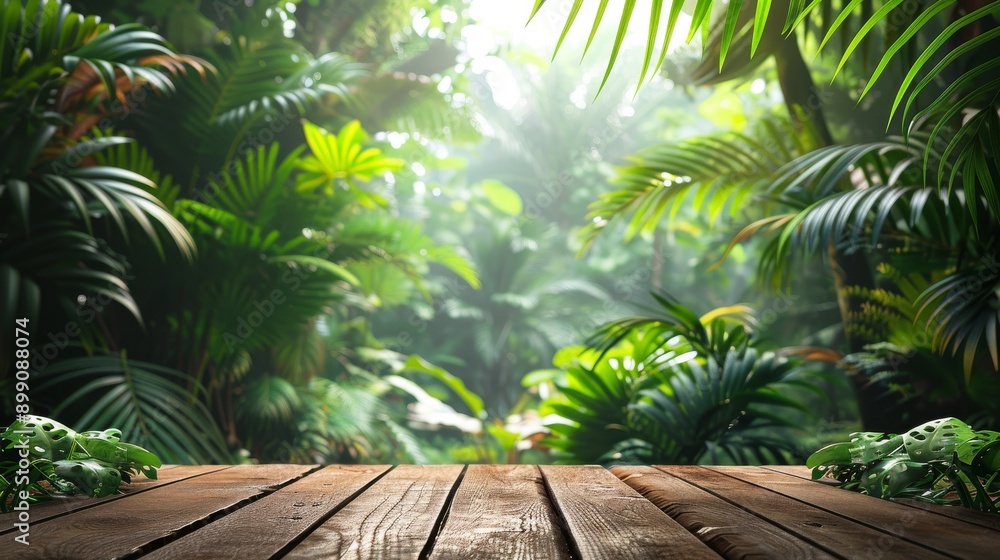 Tabletop with lush green rainforest amazon jungle leaves and plants behind Tabletop with lush green rainforest amazon jungle leaves and plants behind
