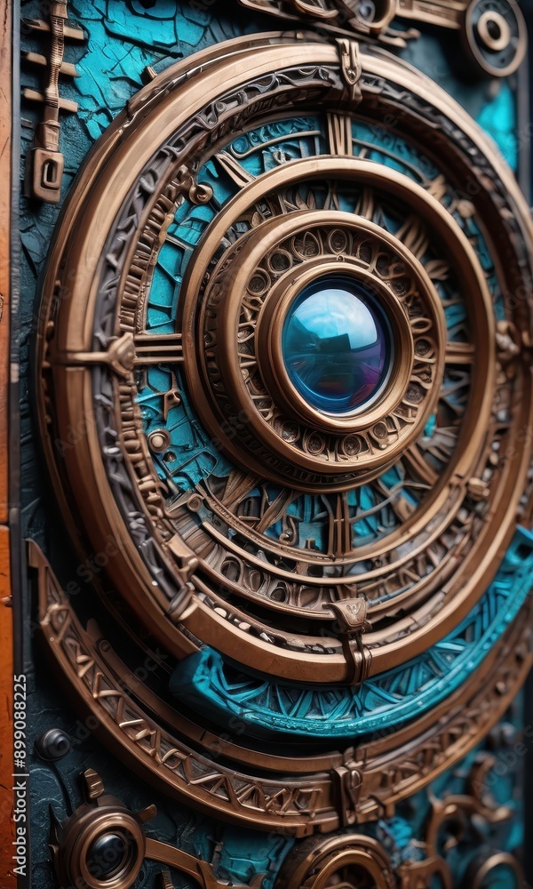 Fototapeta premium Steampunk Clockwork Mechanism with Blue Glass Lens.