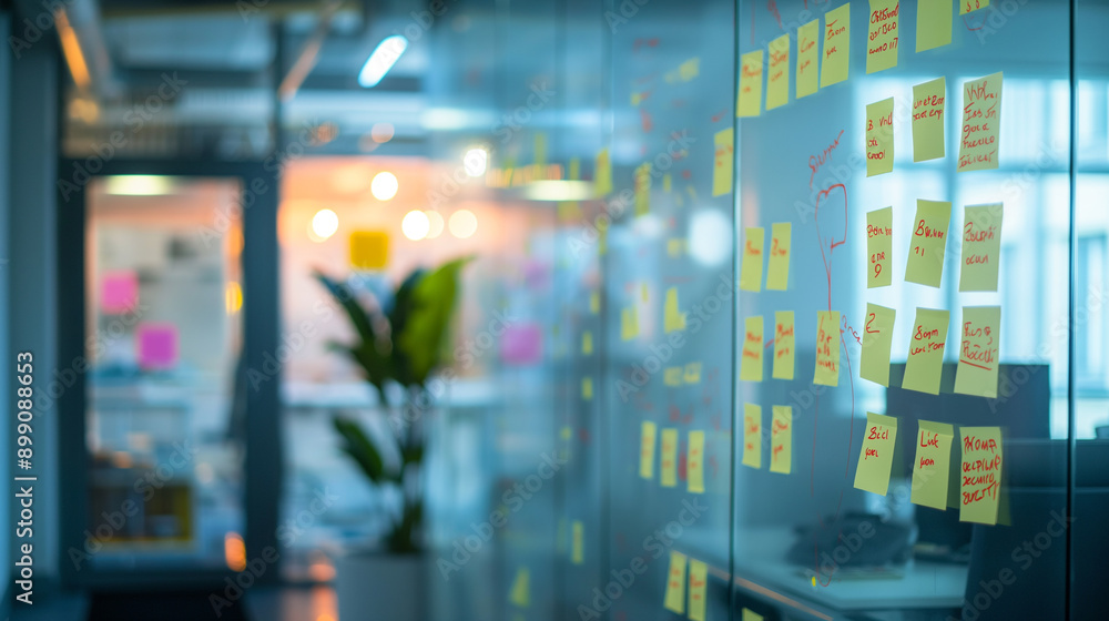 Fototapeta premium Bright Office Environment With Colorful Sticky Notes on Glass Walls During Collaborative Team Planning Session
