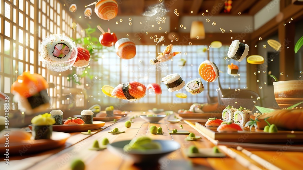 Japanese food floating in the air in 3D. Japanese food floating in the air in 3D.