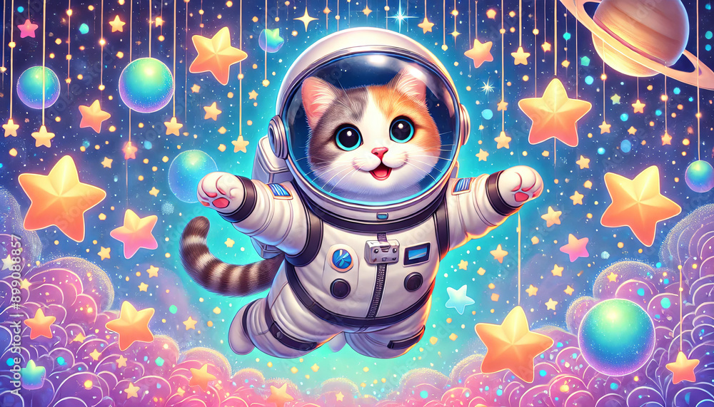 Naklejka premium Adorable Astronaut Cat in Space Adventure.