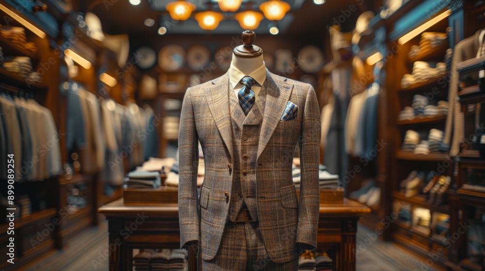 Mannequin wearing an elegant suit in a classic menswear store, showcasing the latest trends in men's fashion Mannequin wearing an elegant suit in a classic menswear store, showcasing the latest trends in men's fashion