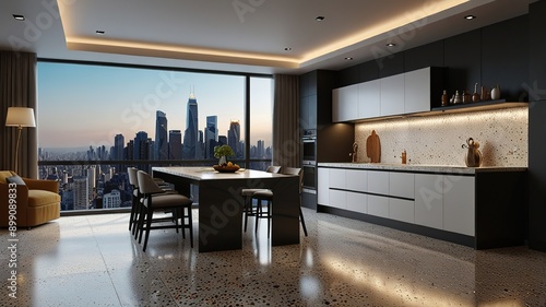 Modern style luxury interior with city view 3d render, There are terrazzo floor decorated wall with hidden light