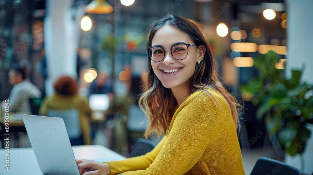 Image of young beautiful joyful woman smiling while working with laptop in office - generative ai Image of young beautiful joyful woman smiling while working with laptop in office - generative ai