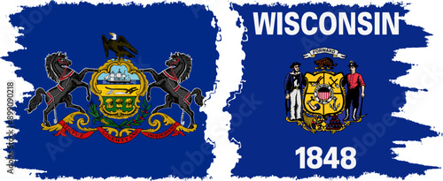 Wisconsin and Pennsylvania states grunge brush flags connection, vector