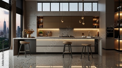 Modern style luxury interior with city view 3d render, There are terrazzo floor decorated wall with hidden light
