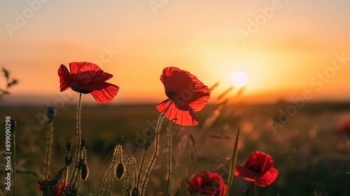 Vibrant Red Poppy Flowers Swaying Against Warm Orange Sunset Horizon