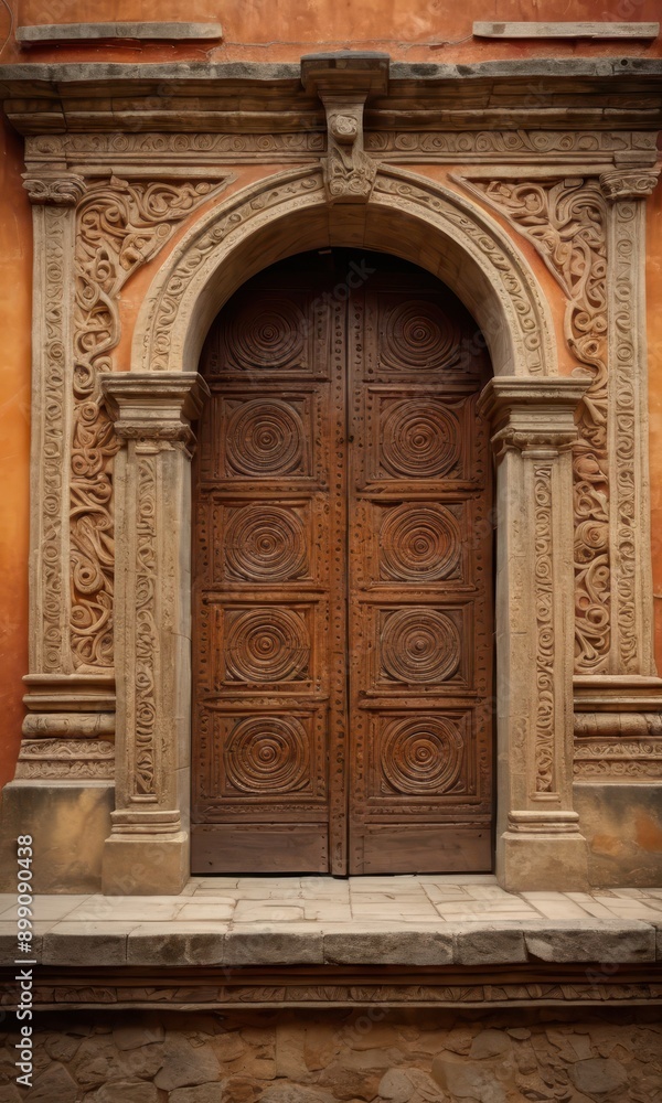 Obraz premium Ornate Carved Wooden Doors with Stone Archway.