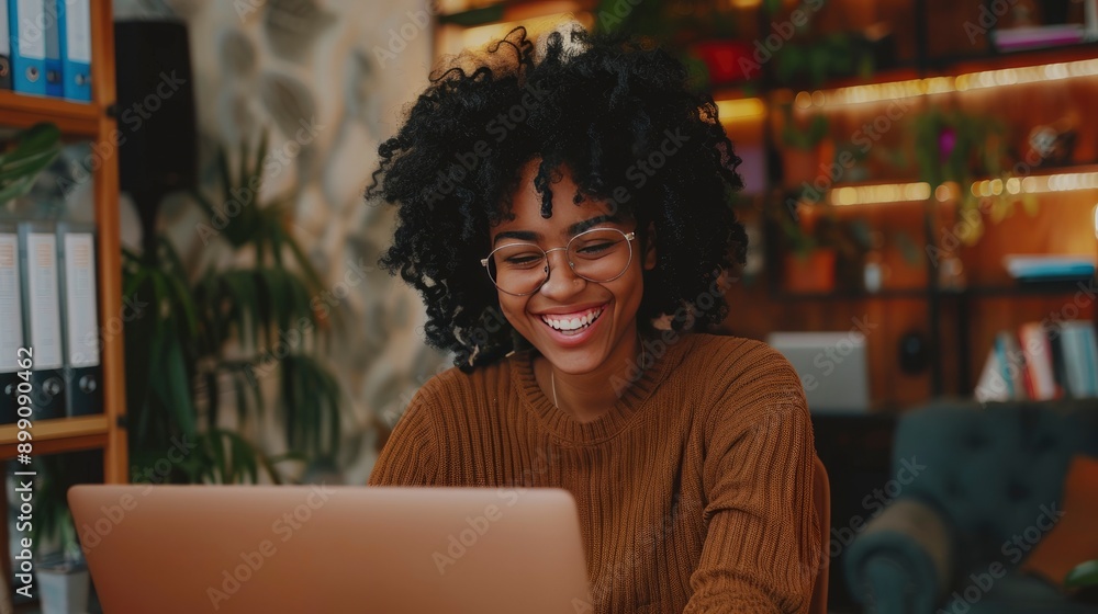 Image of young beautiful joyful woman smiling while working with laptop in office - generative ai Image of young beautiful joyful woman smiling while working with laptop in office - generative ai