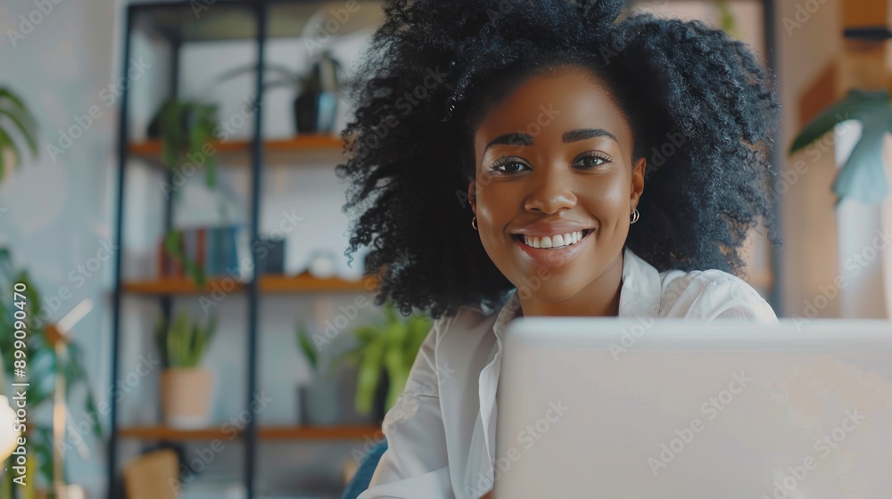 Image of young beautiful joyful woman smiling while working with laptop in office - generative ai Image of young beautiful joyful woman smiling while working with laptop in office - generative ai