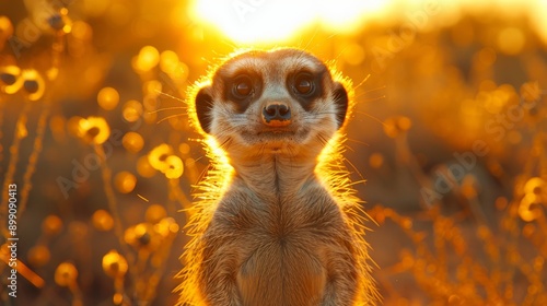 Wallpaper Mural Meerkat is standing on guard in the african savanna, illuminated by the warm light of the setting sun Torontodigital.ca