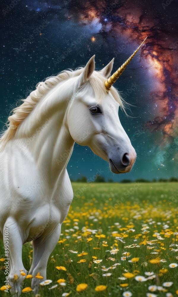 Magical Unicorn in a Field of Flowers under the Milky Way. Magical Unicorn in a Field of Flowers under the Milky Way.