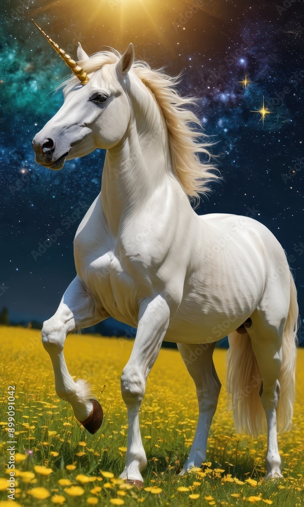Magical Unicorn in a Field of Flowers Under a Starry Sky. Magical Unicorn in a Field of Flowers Under a Starry Sky.