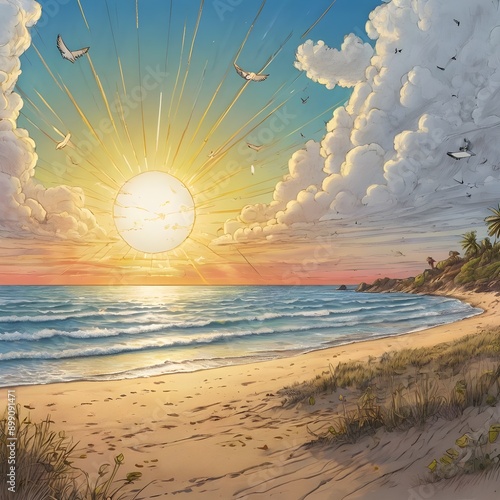 a masterpiece interpretative rough pencil sketch of A vertical line art illustration depicting a majestic sunshine on a serene and peaceful beach with only a few birds flying Generative AI  photo