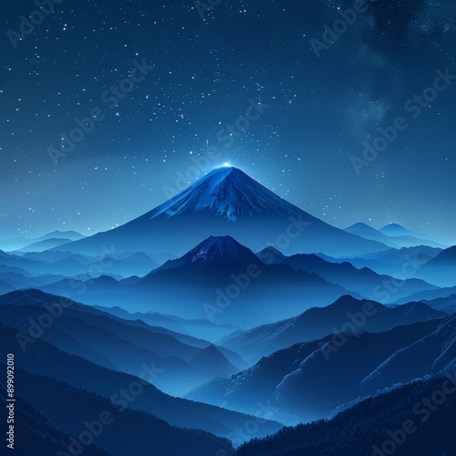 Majestic mount fuji is looming over a mountain range under a starry night sky with a beautiful blue color palette