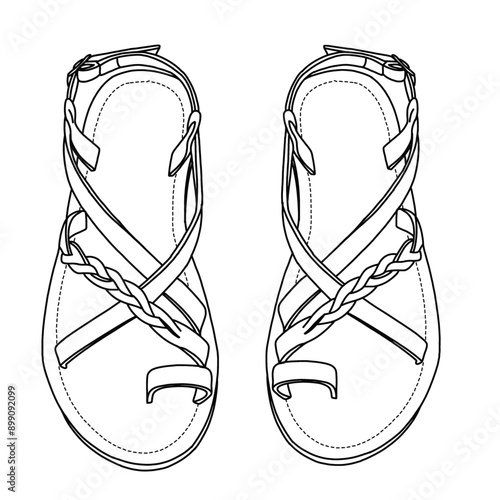 Women's Flat Sandals - Casual Cute Criss Cross Strappy Flat Summer Shoes Line art, Technical sketch hand drawing outline vector doodle illustration isolated on white background