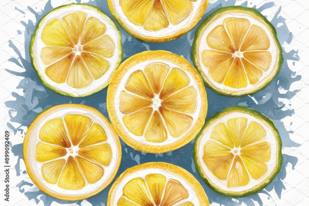 A watercolor painting featuring a bountiful display of lemon slices, each with a unique orientation. The vibrant yellow flesh of the lemons contrasts beautifully with the vivid green rind. A watercolor painting featuring a bountiful display of lemon slices, each with a unique orientation. The vibrant yellow flesh of the lemons contrasts beautifully with the vivid green rind.