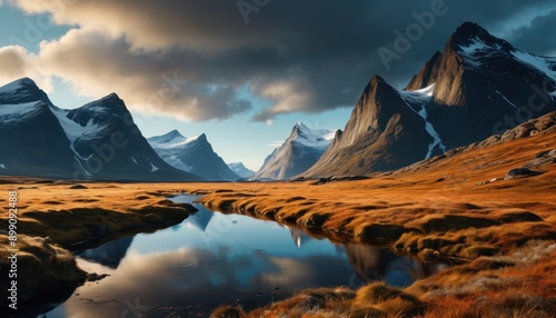 Dramatic Mountain Range Reflection in Still Water.