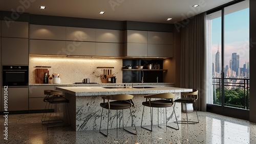 Modern style luxury interior with city view 3d render, There are terrazzo floor decorated wall with hidden light