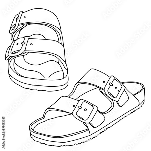 Women's Sandals Adjustable Double Buckle Strap Waterproof Flat Slides Line art, Technical sketch hand drawing outline vector doodle illustration isolated on white background