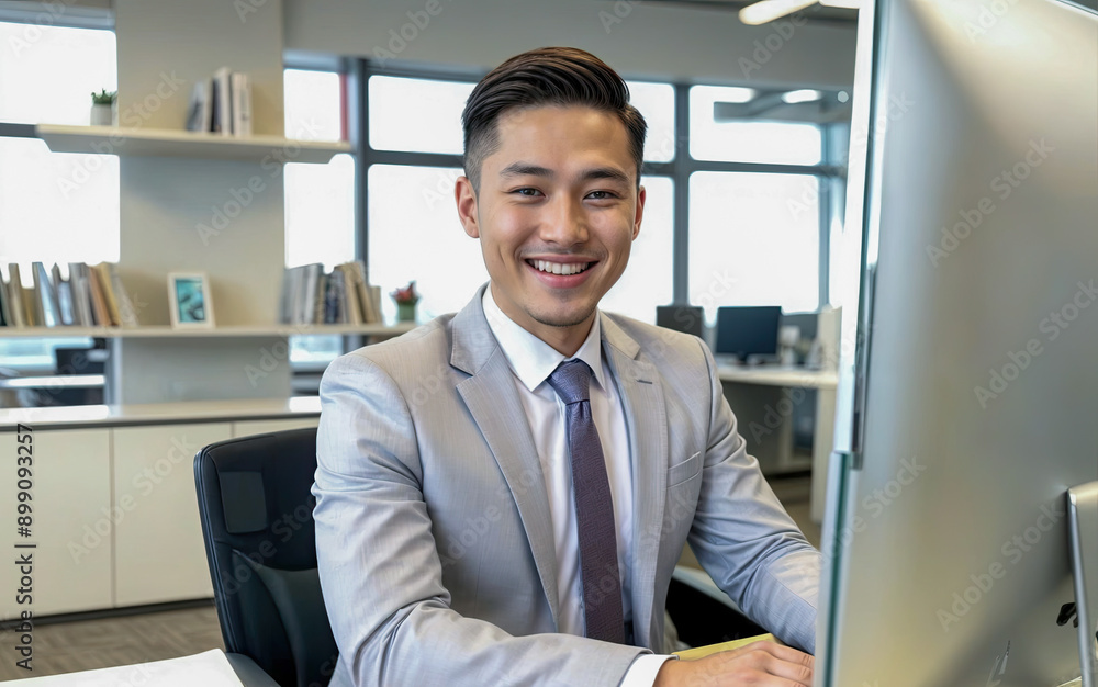Smiling Businessman Working at His Desk in Modern Office Smiling Businessman Working at His Desk in Modern Office