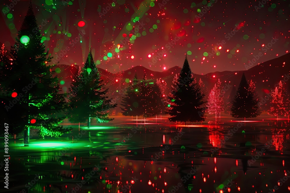 Abstract Christmas landscape with red and green holographic lights Abstract Christmas landscape with red and green holographic lights