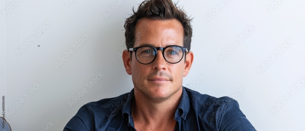 Confident man with glasses sitting against a white background, wearing a dark blue shirt, looking at the camera, with a neutral expression. Confident man with glasses sitting against a white background, wearing a dark blue shirt, looking at the camera, with a neutral expression.