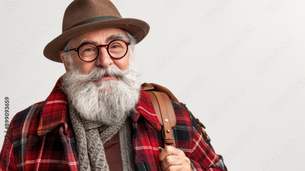 Elderly man with a beard wearing a red plaid jacket, hat, and glasses, carrying a backpack against a light background. Elderly man with a beard wearing a red plaid jacket, hat, and glasses, carrying a backpack against a light background.
