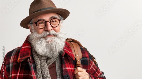 Elderly man with a beard wearing a red plaid jacket, hat, and glasses, carrying a backpack against a light background.