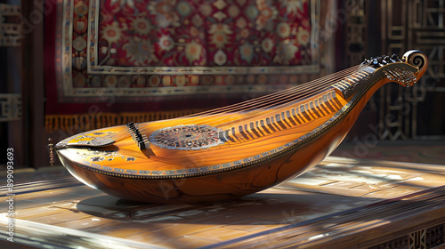 A beautifully crafted oud, an ancient stringed instrument, resting on a wooden surface. photo