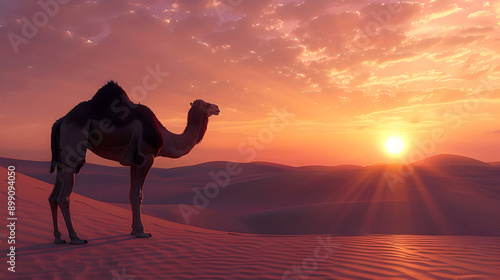 A camel stands in the desert dunes at sunset with a beautiful golden sky behind it.