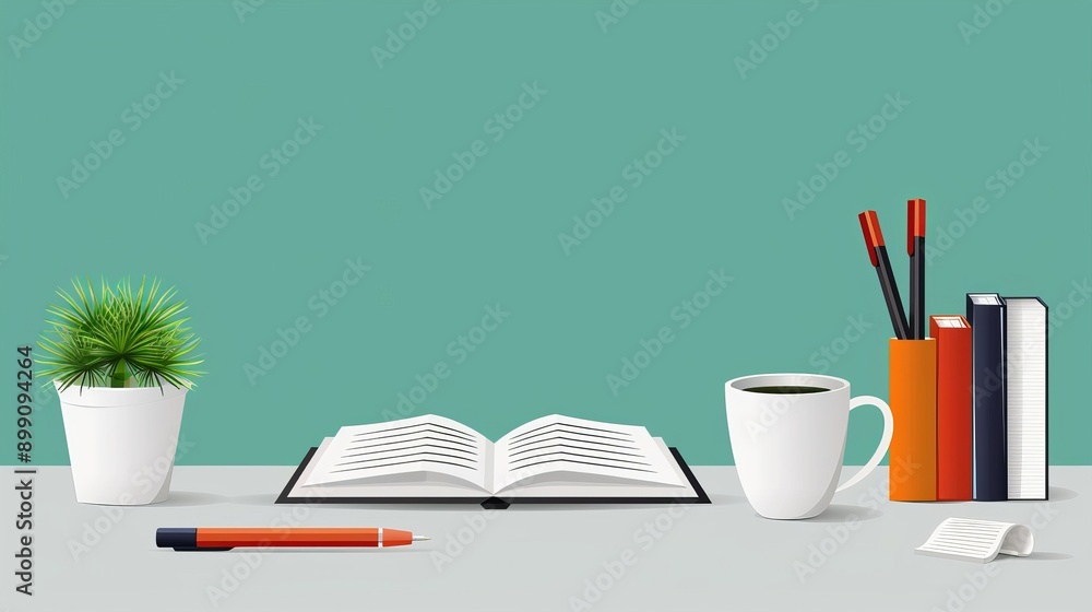 A desk with a book open, a lamp, a pencil, and a plant A desk with a book open, a lamp, a pencil, and a plant
