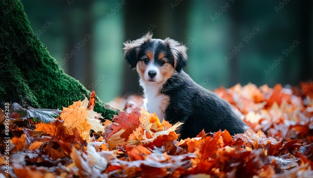 A black and white puppy sits in a bed of autumn leaves A black and white puppy sits in a bed of autumn leaves