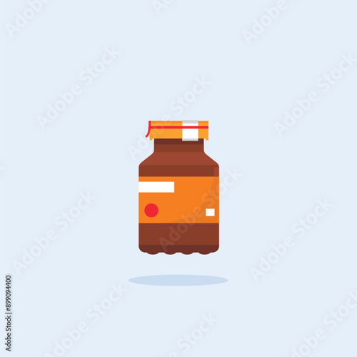 medical medicine glass bottle illustration with falling pills, simple cute medicine for health and fitness