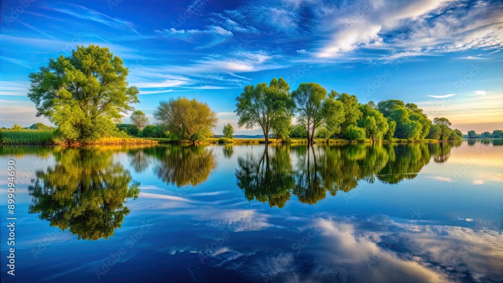 Obraz premium Reflection of trees and sky in calm water surface , nature, serene, mirror image, tranquil, peaceful, lake, scenic, reflection