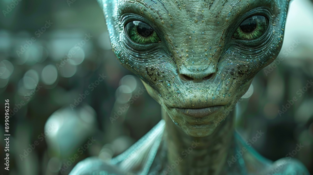 Humanoid alien with green skin and big eyes is staring with a serious expression Humanoid alien with green skin and big eyes is staring with a serious expression
