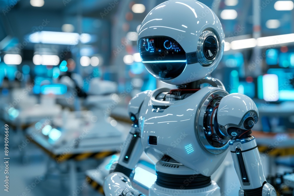 Robotic assistant in a high tech laboratory symbolizing AI integration advanced technology and cybernetic innovation in a futuristic medical environment Robotic assistant in a high tech laboratory symbolizing AI integration advanced technology and cybernetic innovation in a futuristic medical environment