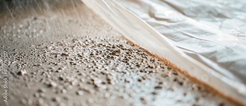 Concrete Curing Technique: Close-up of Plastic Sheeting Covering Fresh Concrete with Weights for Perfect Curing Process and Texture Detail