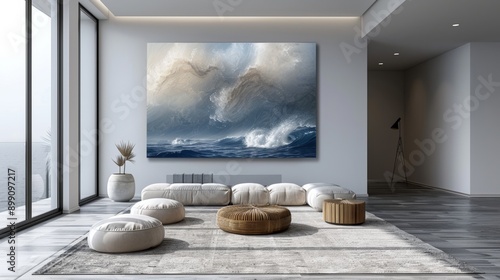 Large artwork depicting crashing waves hanging on a wall in a modern living room with a view of the sea