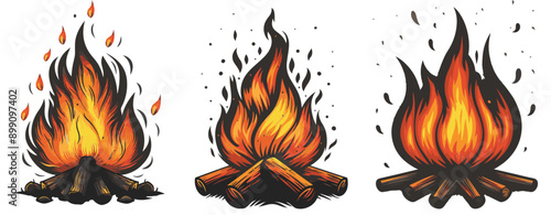 Campfire with logs burning with orange and yellow flames illustration ,generative ai