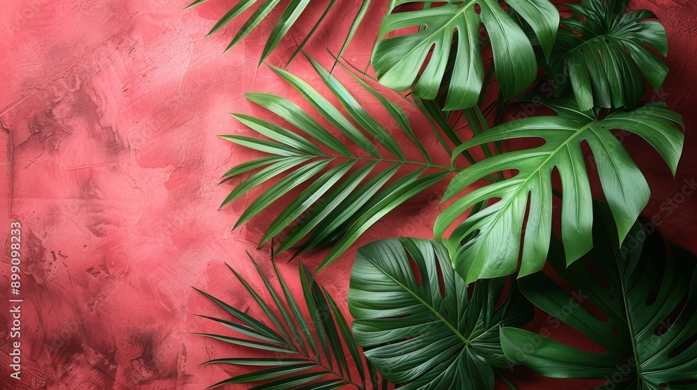 Fototapeta premium Tropical jungle leaves are creating a beautiful green frame on a red textured background
