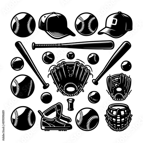 Set of Baseball equipment set silhouette vector. Baseball element collection icon. Baseball game tournament poster, banner, or flyer idea.