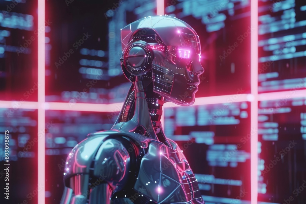 Cybernetic robot examining a digital screen emphasizing advanced AI futuristic technology and cybernetic innovations in a high tech setting Cybernetic robot examining a digital screen emphasizing advanced AI futuristic technology and cybernetic innovations in a high tech setting