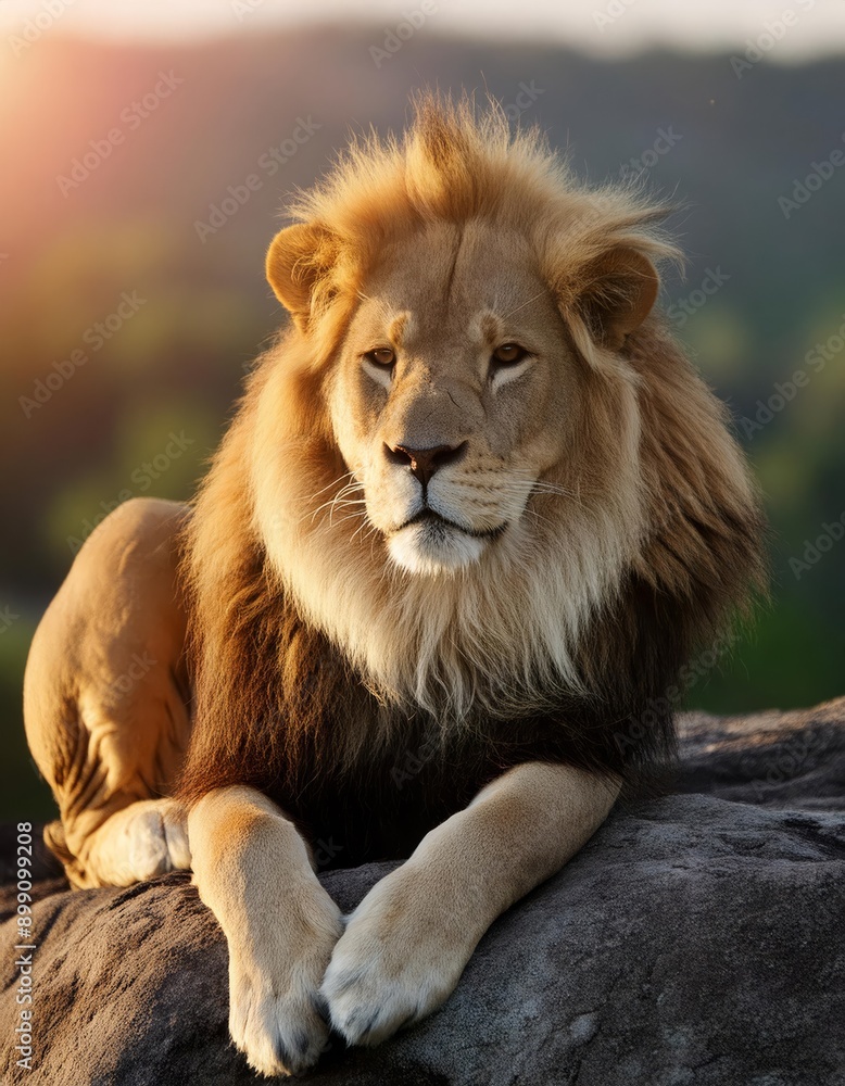 A majestic lion rests on a rock bathed in the golden light of the setting sun A majestic lion rests on a rock bathed in the golden light of the setting sun